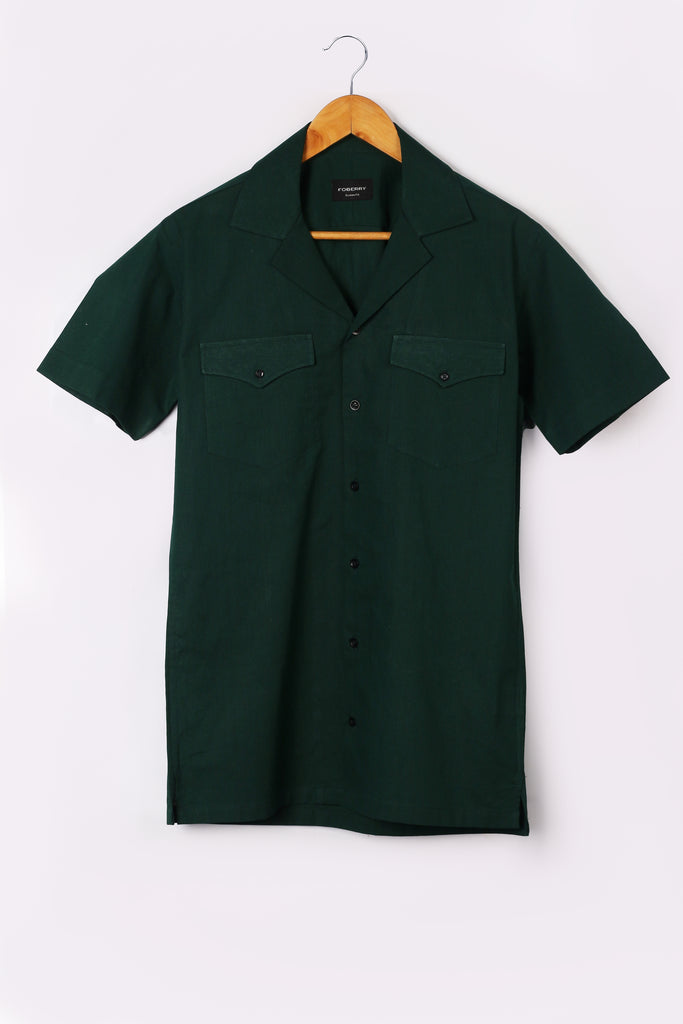 Bottle Green Linen - Safari Shirt
