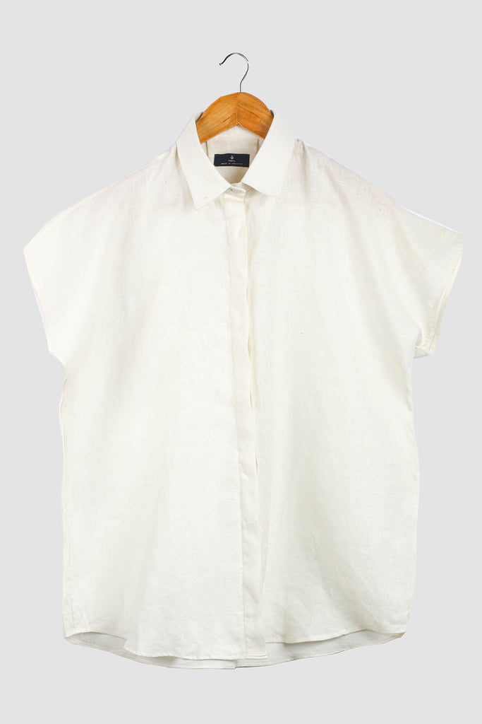 White Linen Cropped Shoulder Shirt