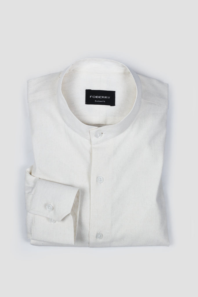 White Linen Shirt Band Collar