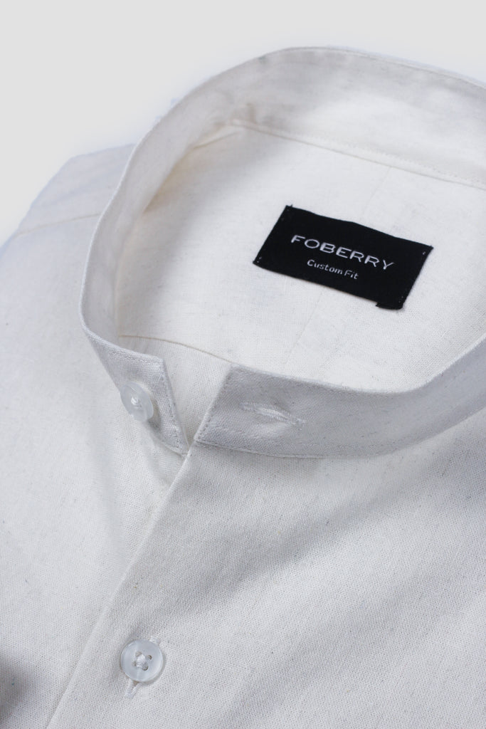 White Linen Shirt Band Collar