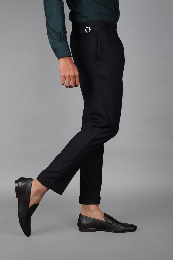 Jet Black Brushed Wool Mix Trousers