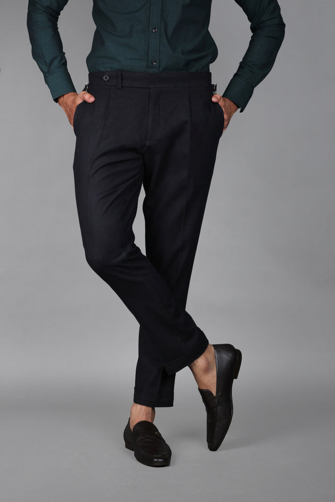 Jet Black Brushed Wool Mix Trousers