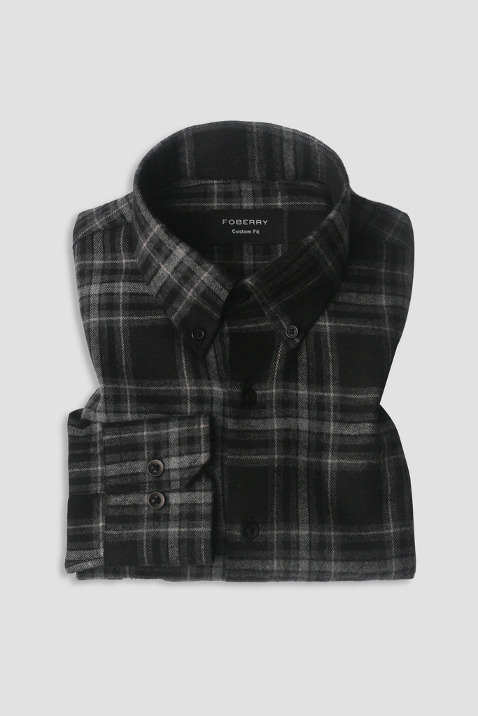 Grey Black Plaid Winter Flannel Shirt