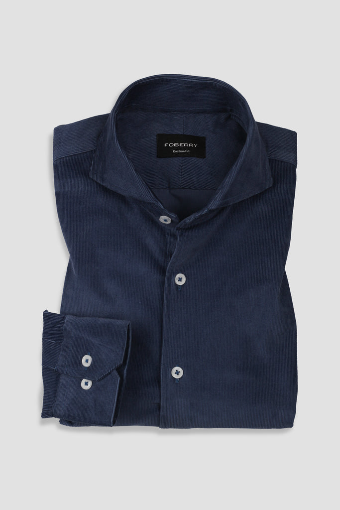 Steel Blue Corduroy Shirt - Cut Away Extreme Collar