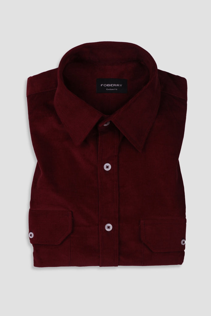 Burgundy Corduroy Shirt - Classic Straight Collar