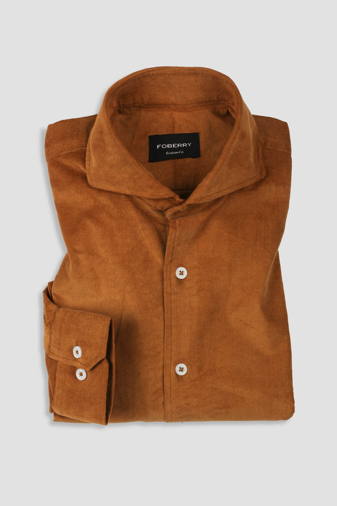 Tan Brown Corduroy Shirt - Cut Away Extreme Collar