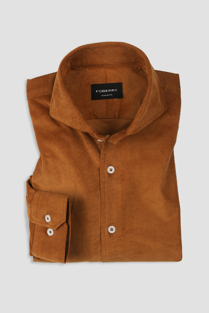 Tan Brown Corduroy Shirt - Cut Away Extreme Collar