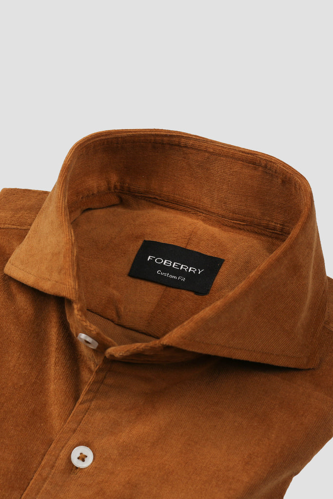 Tan Brown Corduroy Shirt - Cut Away Extreme Collar