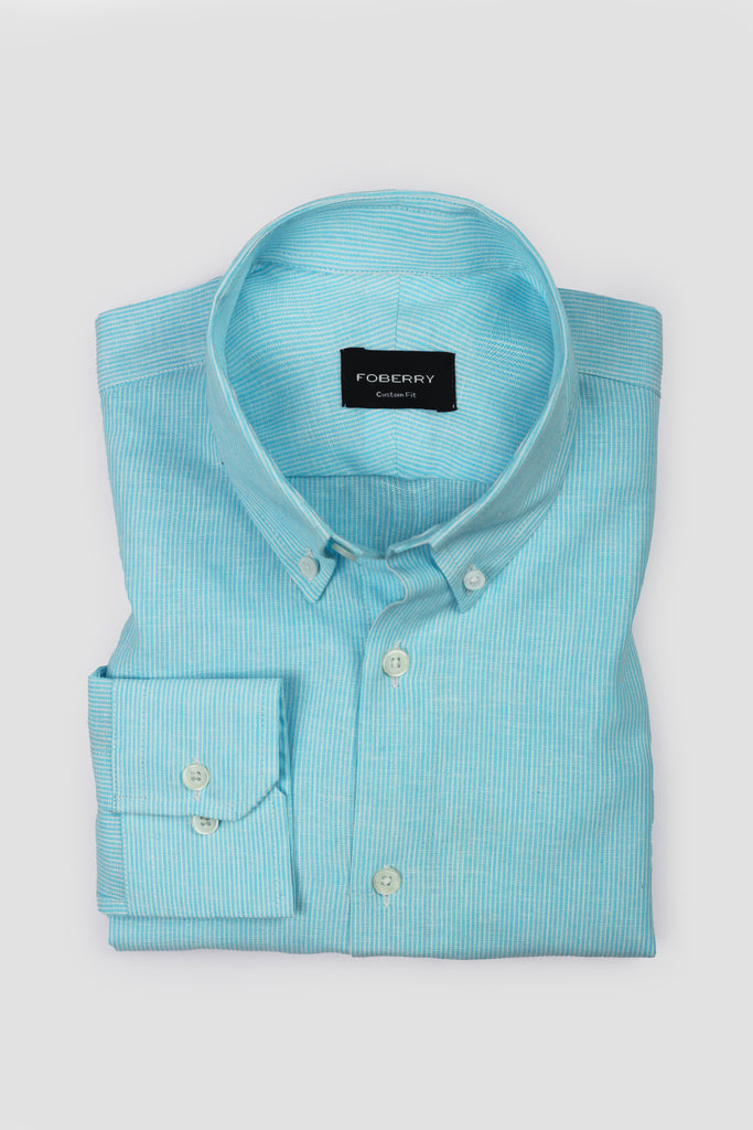 Aqua Pinstriped Irish Linen Shirt