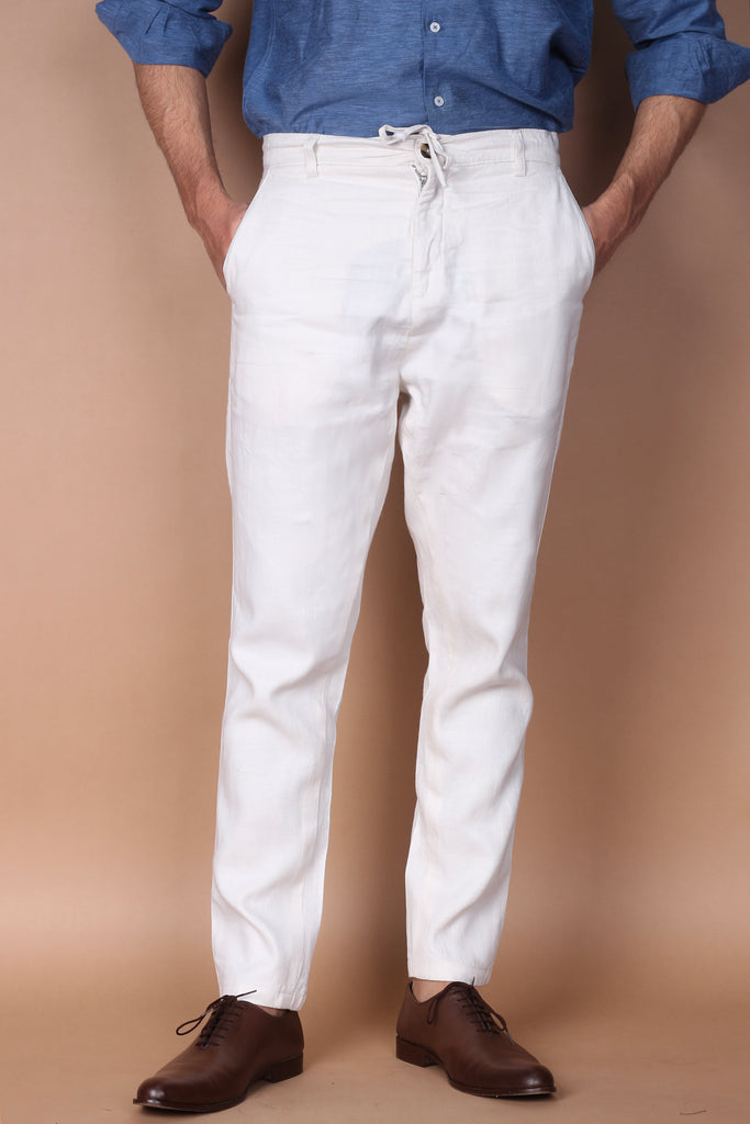 Pearl White Herringbone Linen Trouser