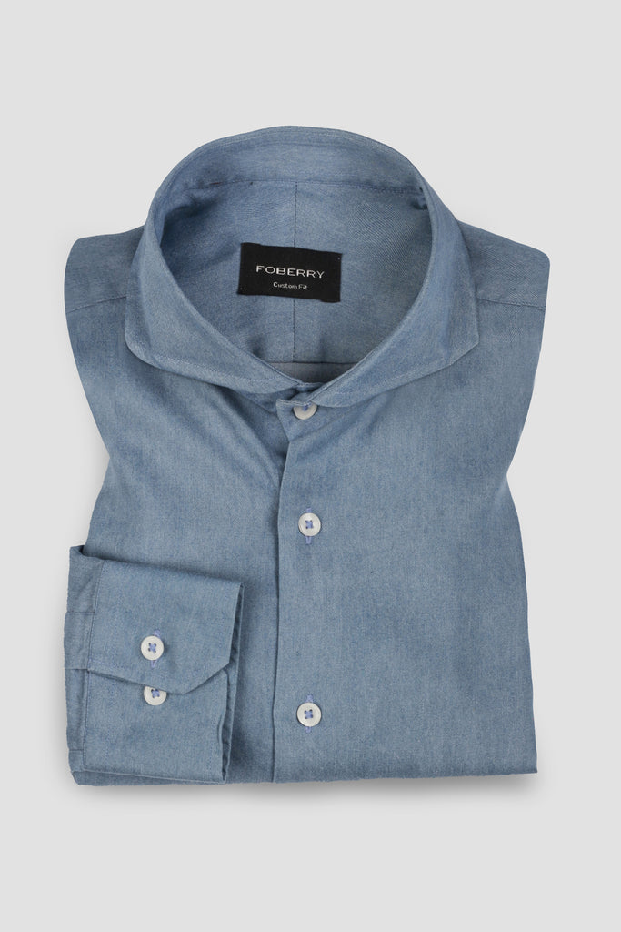 Denim Light Wash Shirt - Cut Away Extreme Collar