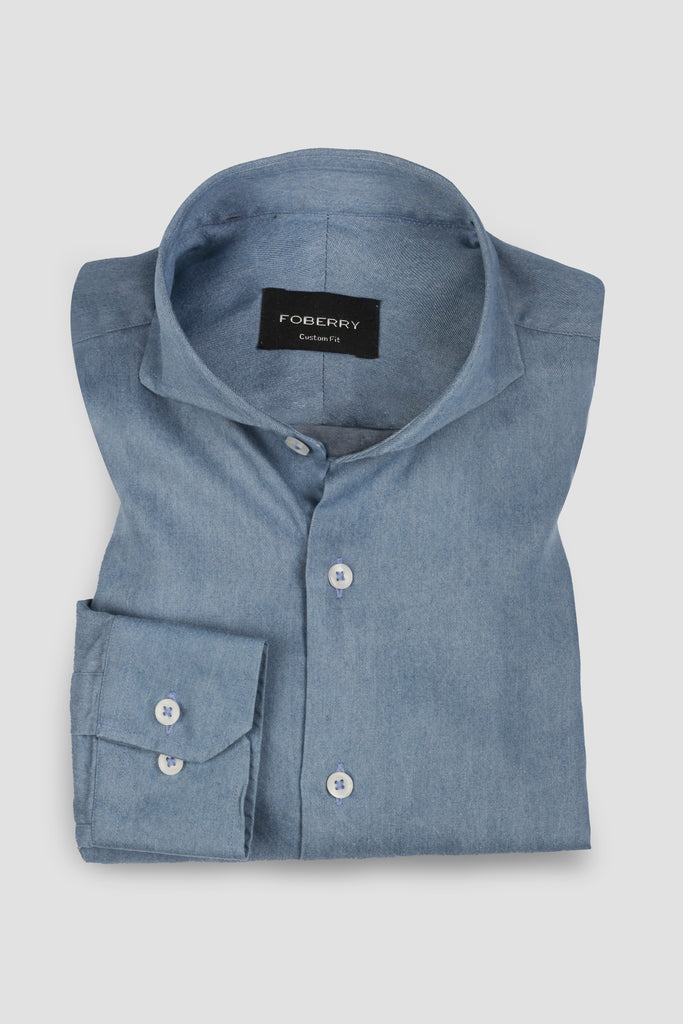 Denim Light Wash Shirt - Cut Away Extreme Collar