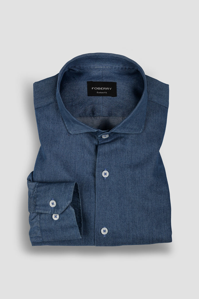 Denim Medium Wash Shirt - Cut Away Classic Collar