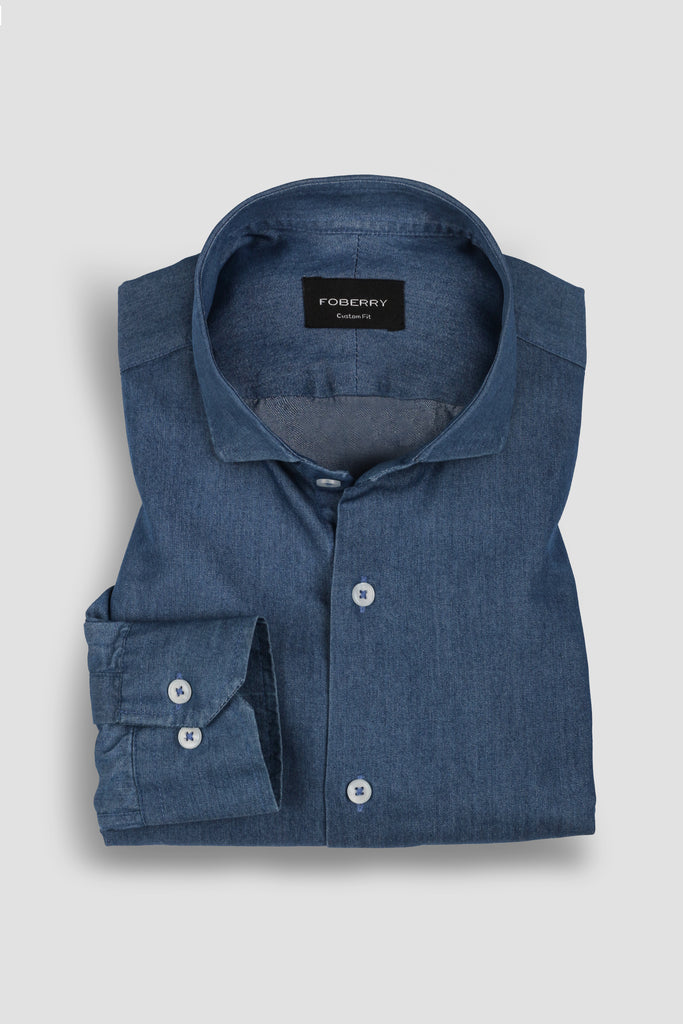 Denim Medium Wash Shirt - Cut Away Classic Collar