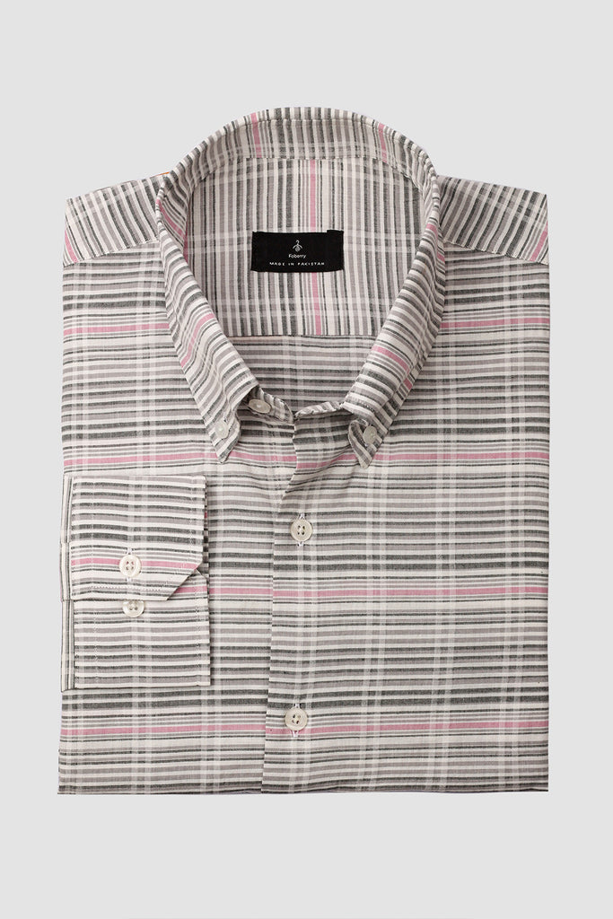 Grey Pink Horizontal Stripes Linen Shirt