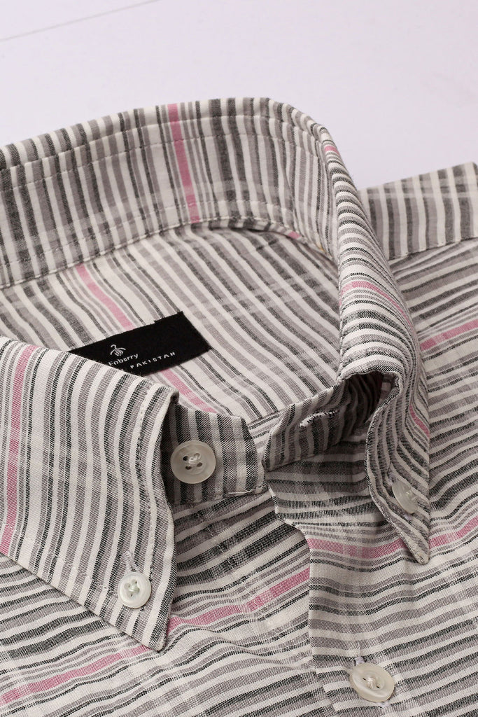 Grey Pink Horizontal Stripes Linen Shirt