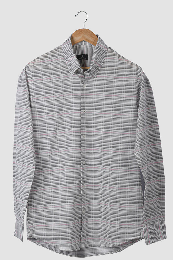 Grey Pink Horizontal Stripes Linen Shirt