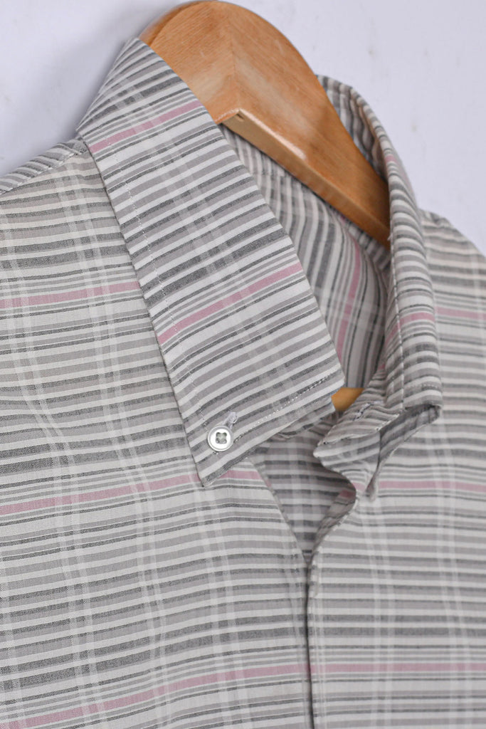 Grey Pink Horizontal Stripes Linen Shirt