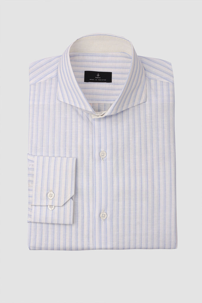 Parallel Blue Stripes Linen Shirt - Contrast Collar