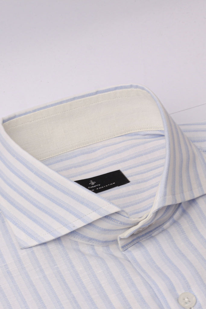 Parallel Blue Stripes Linen Shirt - Contrast Collar