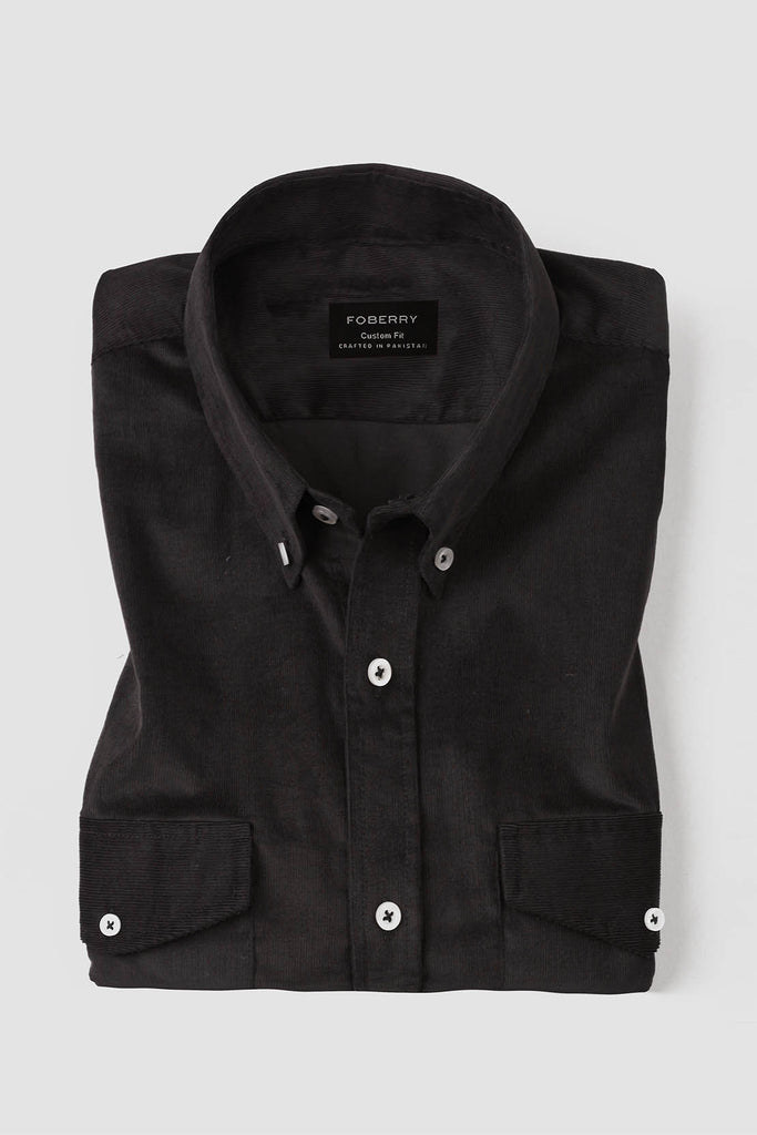 Charcoal Corduroy Shirt | Flap Pockets