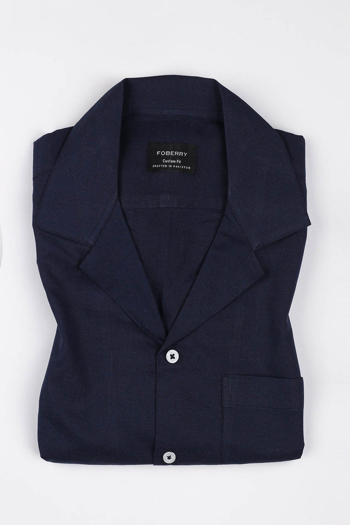 Navy Blue Linen Camp Collar Shirt