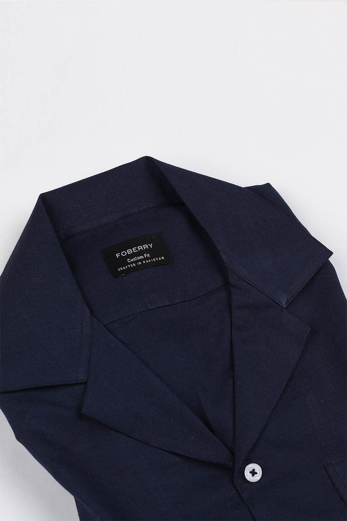 Navy Blue Linen Camp Collar Shirt