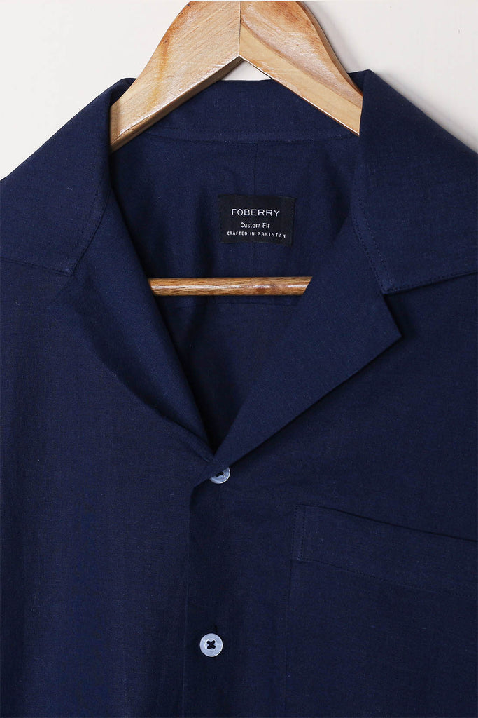 Navy Blue Linen Camp Collar Shirt