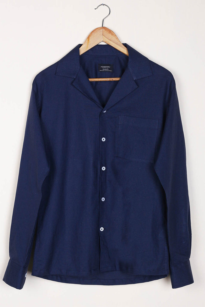 Navy Blue Linen Camp Collar Shirt