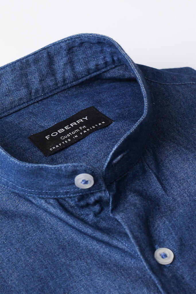 Denim Dark Washed Shirt | Band Collar