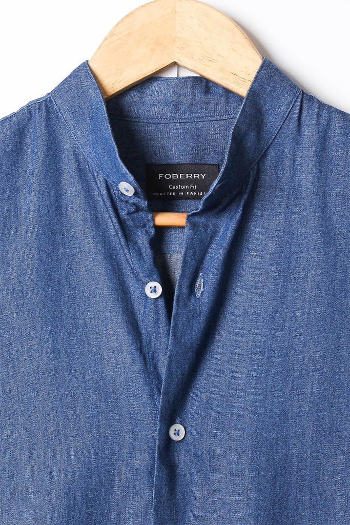 Denim Dark Washed Shirt | Band Collar