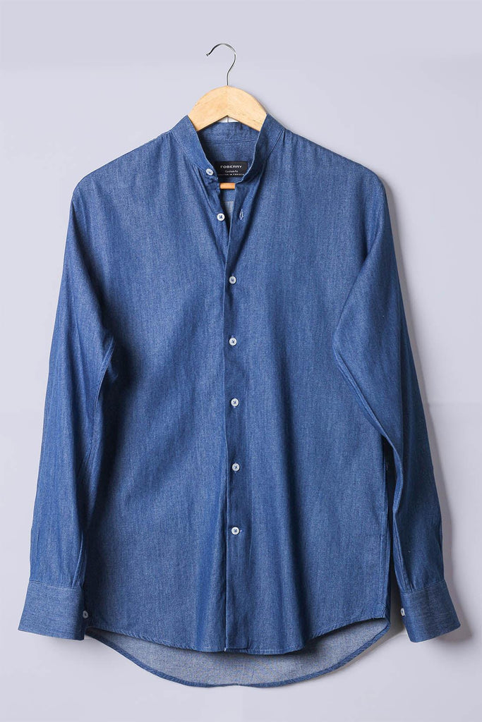 Denim Dark Washed Shirt | Band Collar