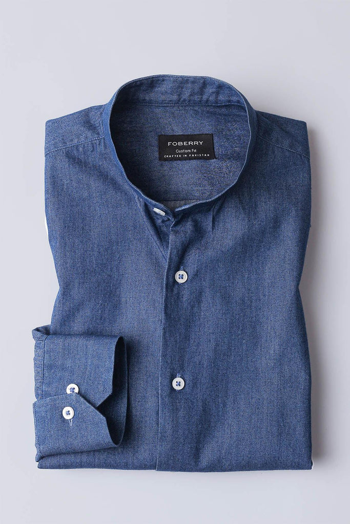 Denim Dark Washed Shirt | Band Collar