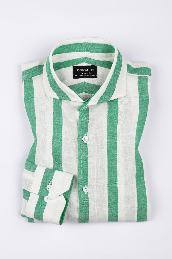 Bold Parrot Green Striped Linen Shirt