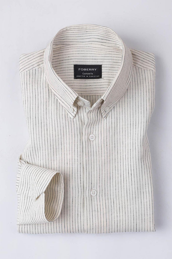 Dusty White Dotted Stripes Linen Shirt