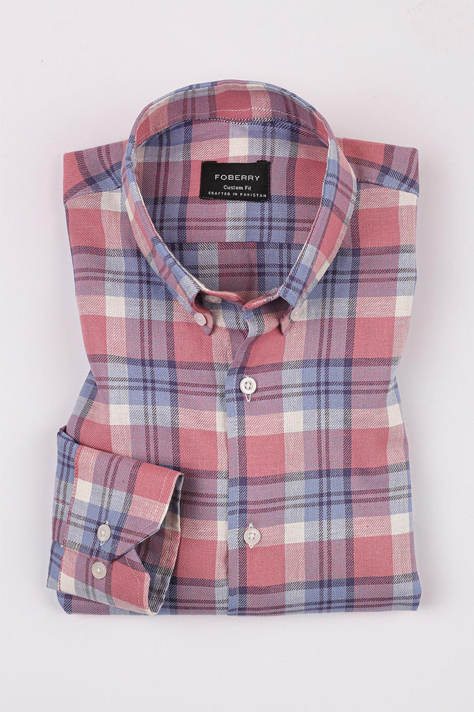 Salmon Blue Tartan Linen Shirt