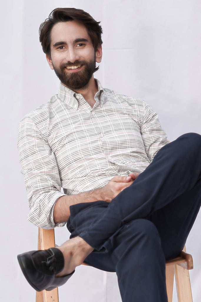 Grey Pink Horizontal Stripes Linen Shirt